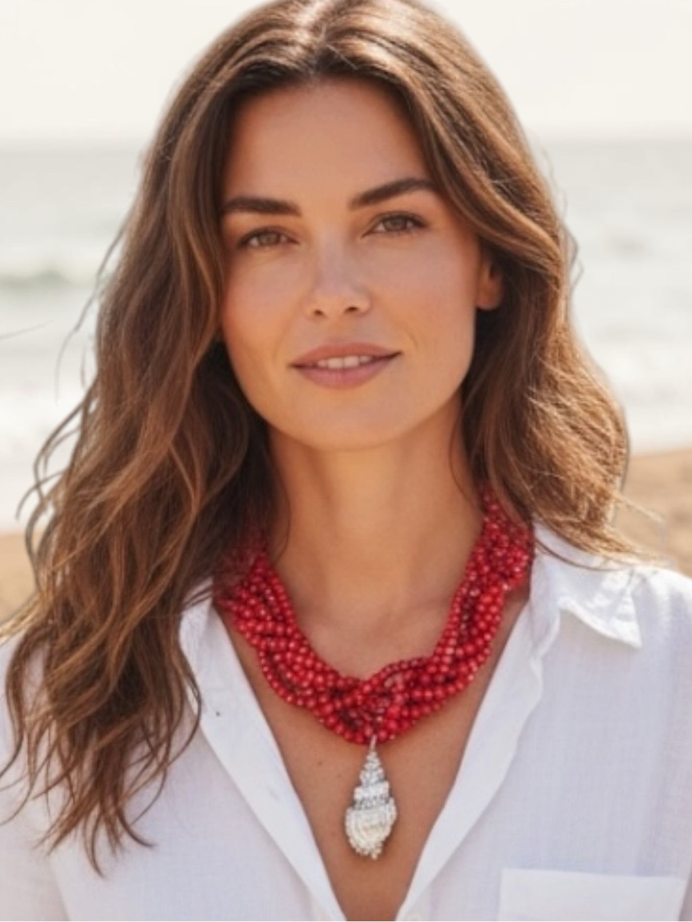 Red Crystals Beaded Multi-Strand Necklace with Shell Pendant - Women Jewelry